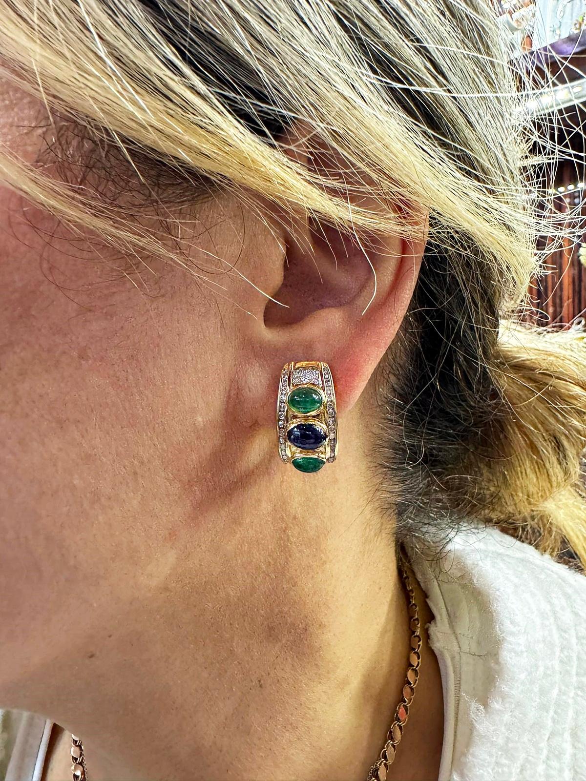Vintage Circa 1980s 18k Gold Natural Diamond And Sapphire Emerald Earring For Sale 9