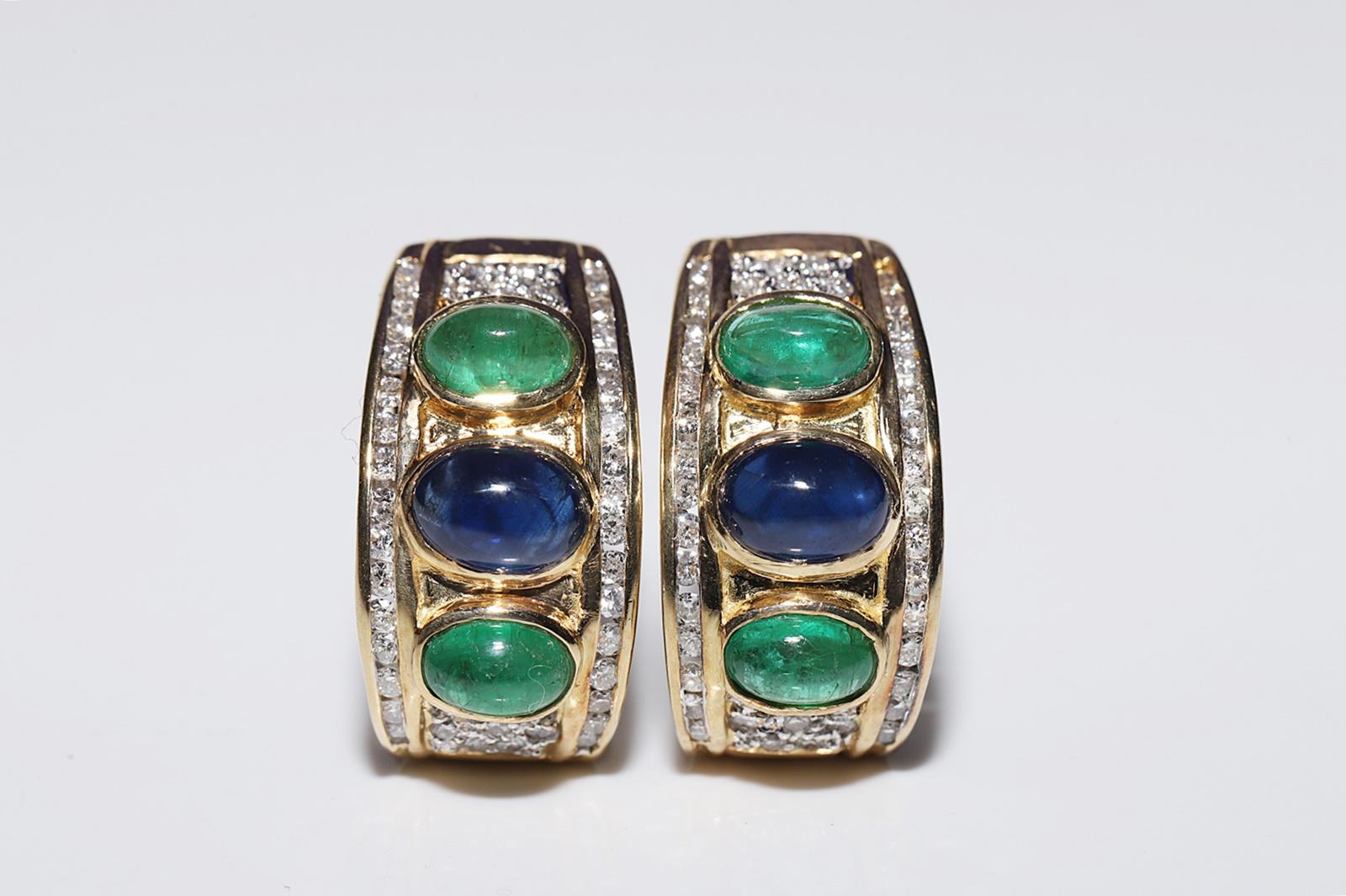 Retro Vintage Circa 1980s 18k Gold Natural Diamond And Sapphire Emerald Earring For Sale