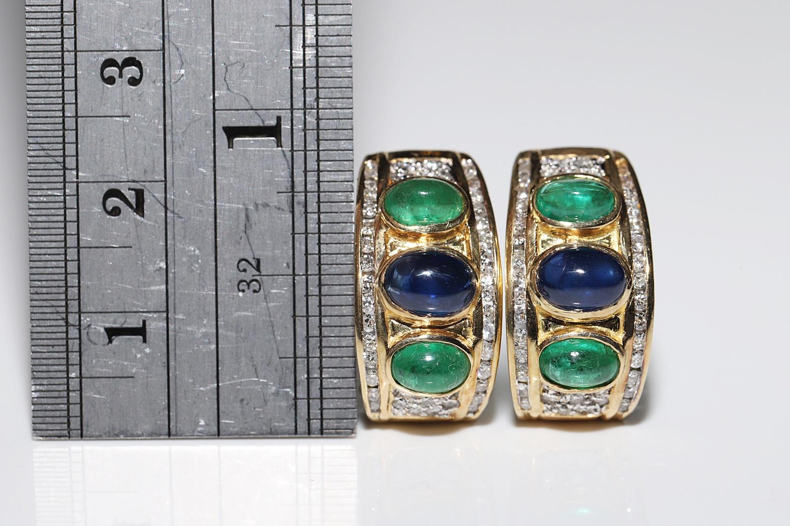 Brilliant Cut Vintage Circa 1980s 18k Gold Natural Diamond And Sapphire Emerald Earring For Sale