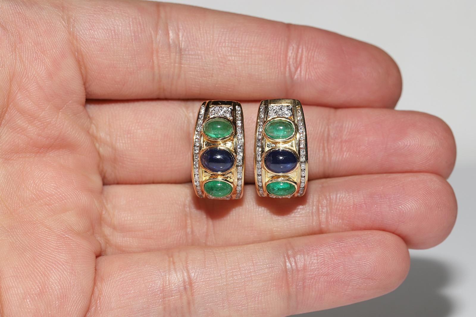 Vintage Circa 1980s 18k Gold Natural Diamond And Sapphire Emerald Earring In Good Condition For Sale In Fatih/İstanbul, 34