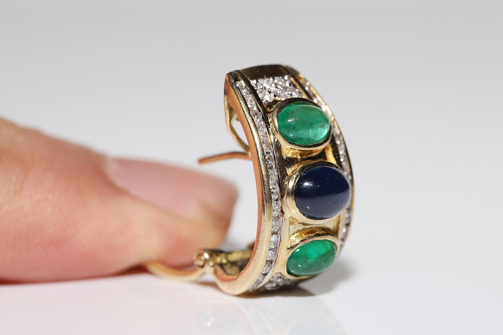 Vintage Circa 1980s 18k Gold Natural Diamond And Sapphire Emerald Earring For Sale 1