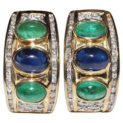 Retro Circa 1980s 18k Gold Natural Diamond And Sapphire Emerald Earring
