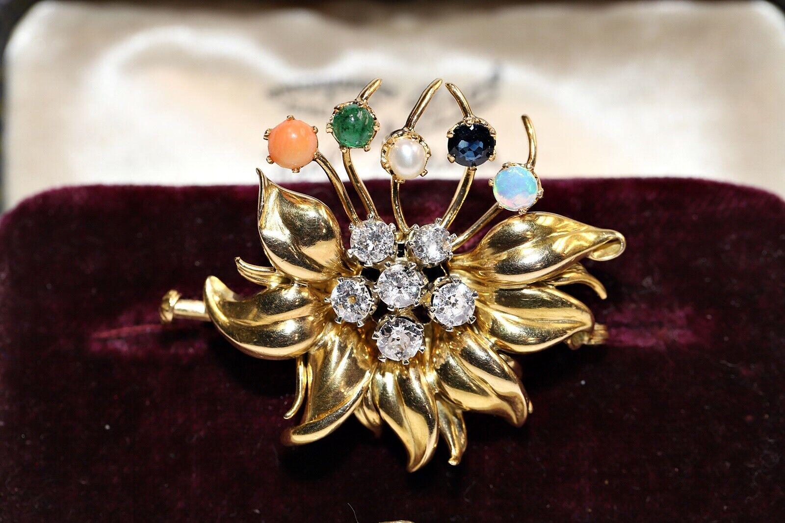 Vintage Circa 1980s 18k Gold Natural Diamond And Sapphire Emerald Opal Brooch For Sale 6