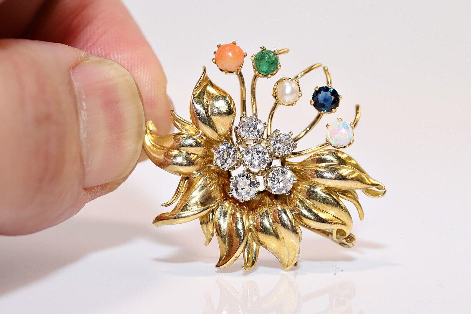 Retro Vintage Circa 1980s 18k Gold Natural Diamond And Sapphire Emerald Opal Brooch For Sale