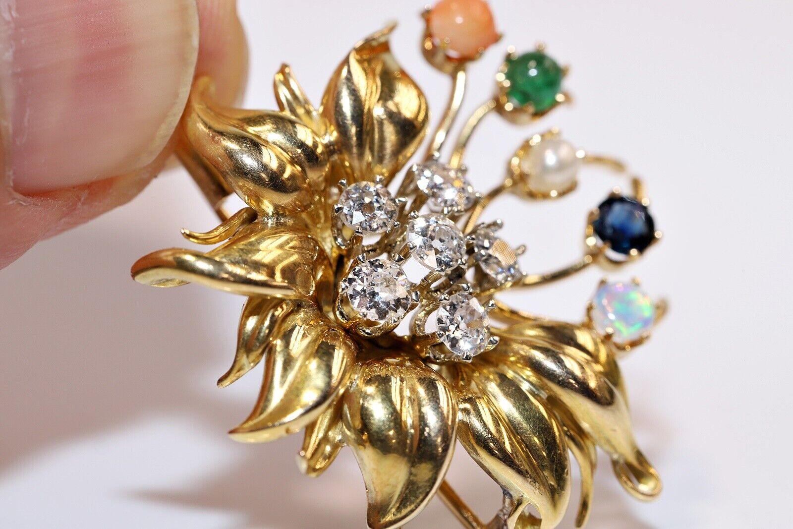 Brilliant Cut Vintage Circa 1980s 18k Gold Natural Diamond And Sapphire Emerald Opal Brooch For Sale