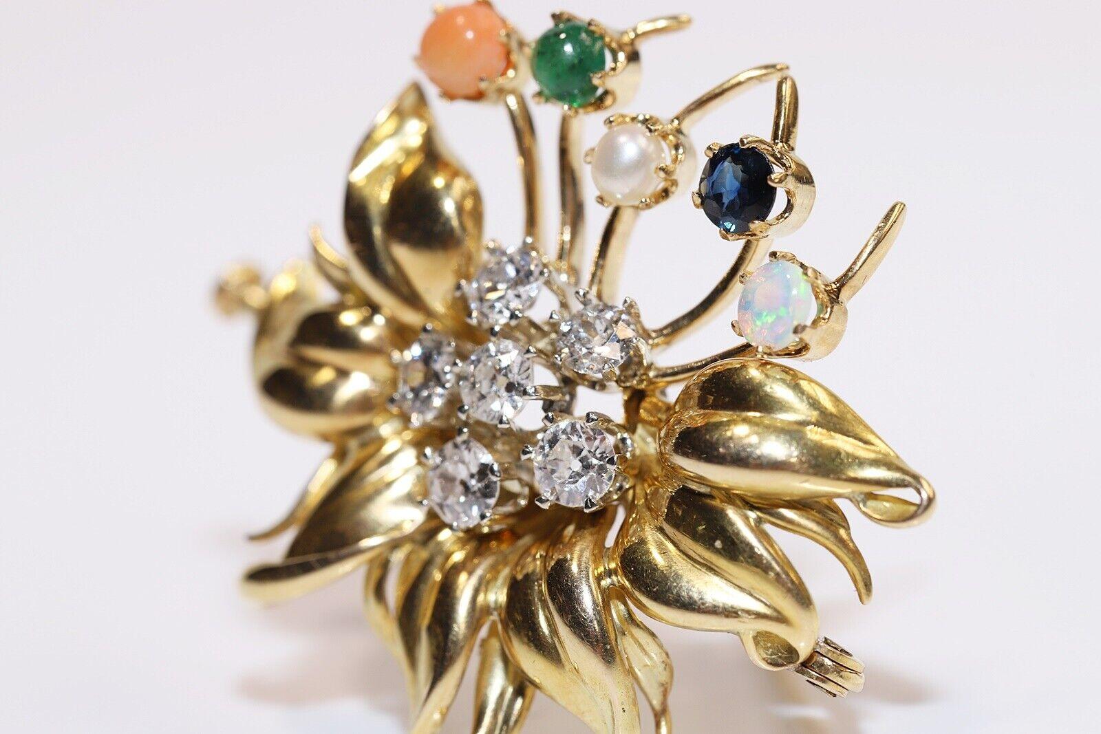 Vintage Circa 1980s 18k Gold Natural Diamond And Sapphire Emerald Opal Brooch For Sale 2