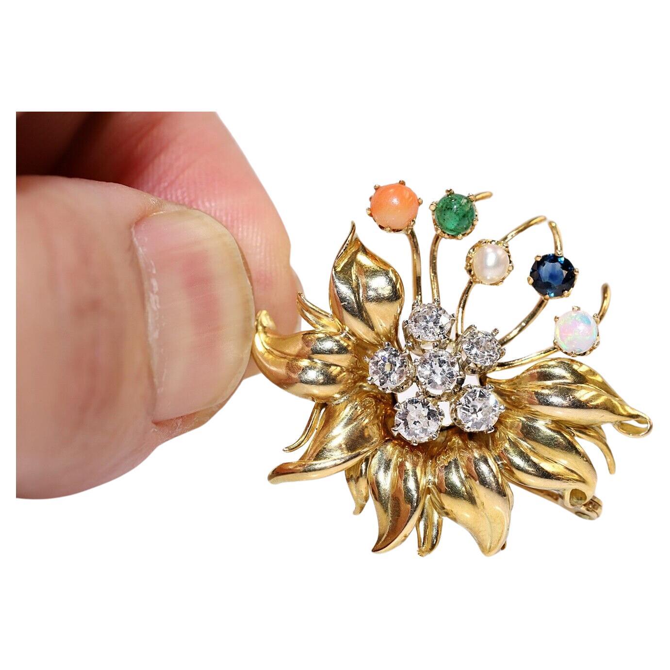 Vintage Circa 1980s 18k Gold Natural Diamond And Sapphire Emerald Opal Brooch For Sale
