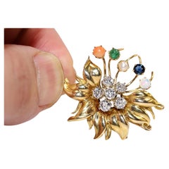 Retro Circa 1980s 18k Gold Natural Diamond And Sapphire Emerald Opal Brooch