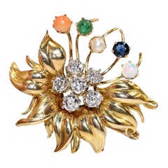 Vintage Circa 1980s 18k Gold Natural Diamond And Sapphire Emerald Opal Brooch