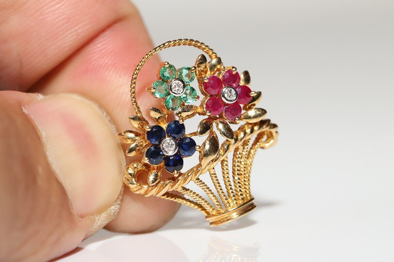 Retro Vintage Circa 1980s 18k Gold Natural Diamond And Sapphire Emerald Ruby Brooch For Sale