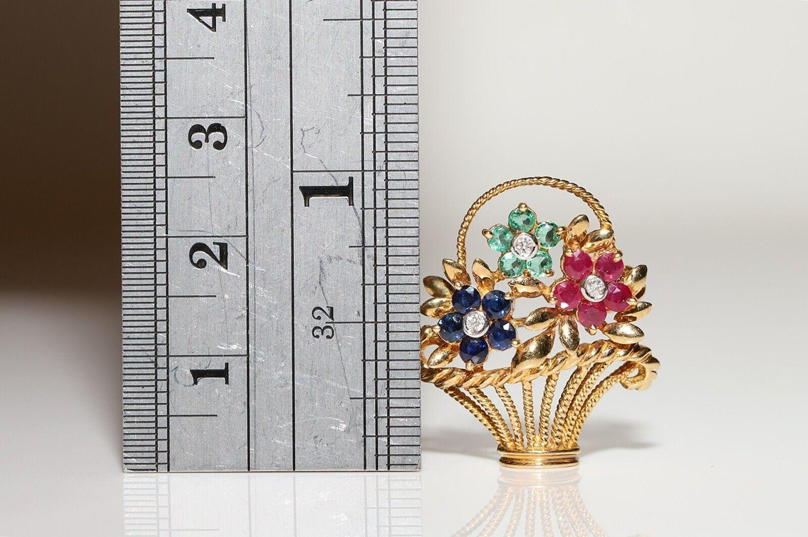 Broche vintage des années 1980 en or 18 carats avec diamants naturels, saphirs, émeraudes et rubis Bon état - En vente à Fatih/İstanbul, 34