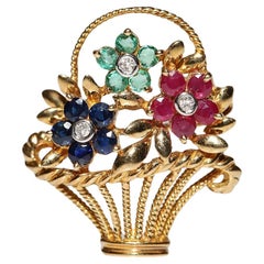 Vintage Circa 1980s 18k Gold Natural Diamond And Sapphire Emerald Ruby Brooch