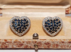 Vintage Circa 1980s 18k Gold Natural Diamond And Sapphire Heart Stud Earring