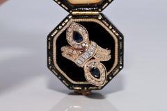 Vintage Circa 1980 Or 18k Diamant Naturel et Saphir Bague Navette Design
