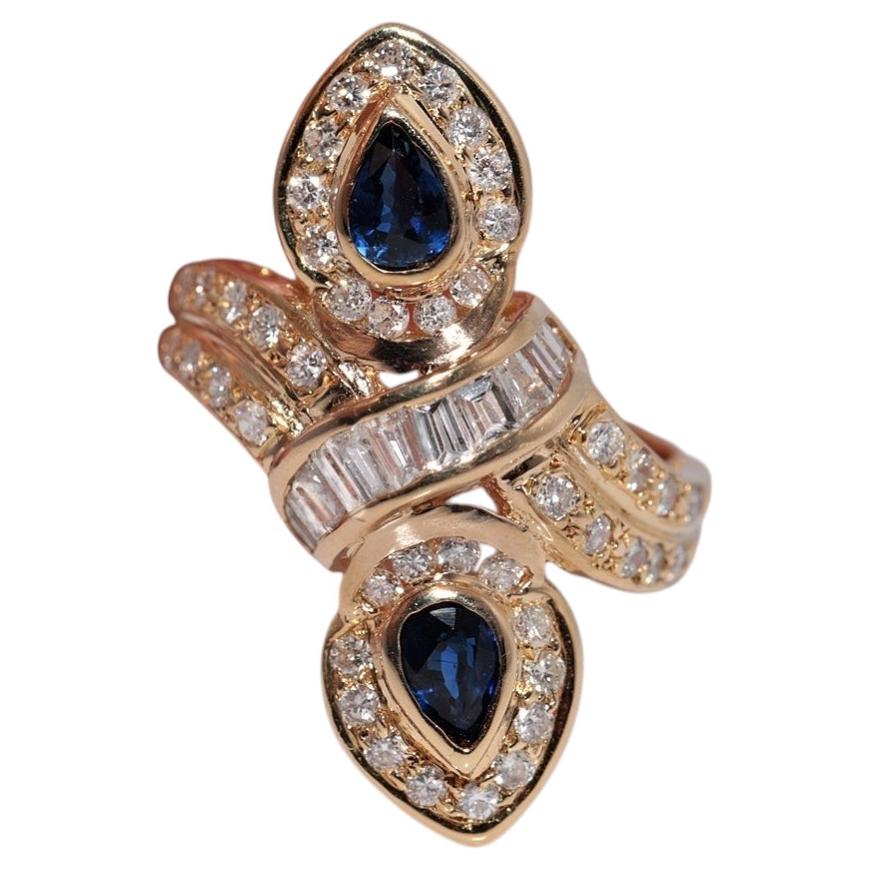 Vintage Circa 1980s 18k Gold Natural Diamond And Sapphire Navette Design Ring