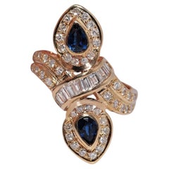 Vintage Circa 1980 Or 18k Diamant Naturel et Saphir Bague Navette Design