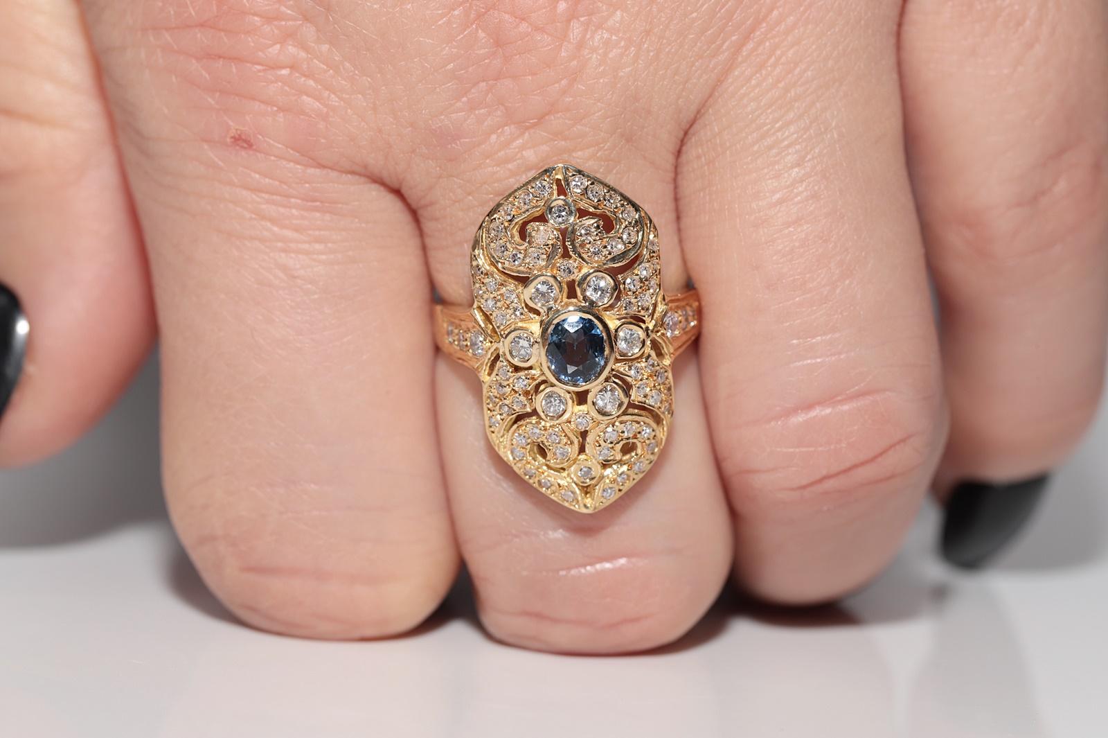 Anello Navette con diamanti naturali e zaffiri in oro 18 carati, vintage, circa anni '80 in vendita 8