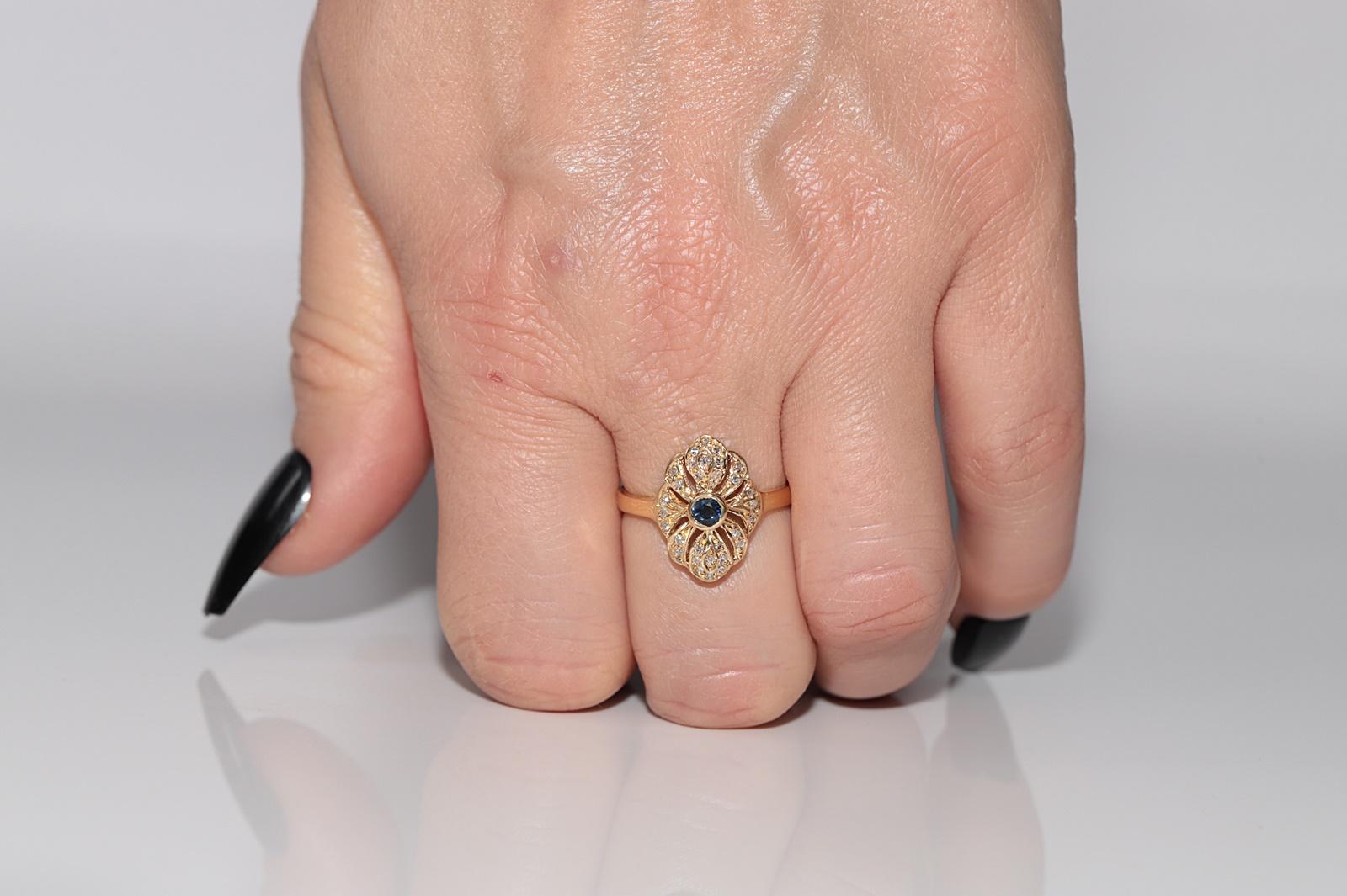 Vintage Circa 1980s 18k Gold Natural Diamond And Sapphire Navette Ring For Sale 9