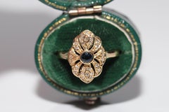Vintage Circa 1980s 18k Gold Natural Diamond And Sapphire Navette Ring