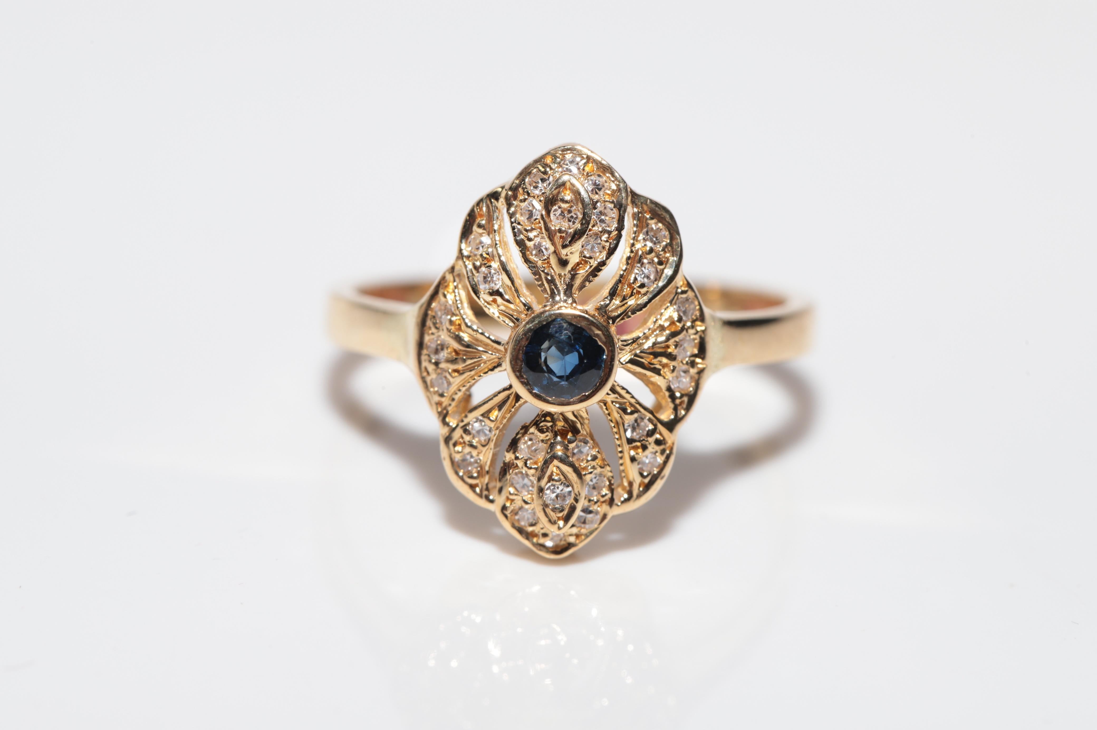 Single Cut Vintage Circa 1980s 18k Gold Natural Diamond And Sapphire Navette Ring For Sale