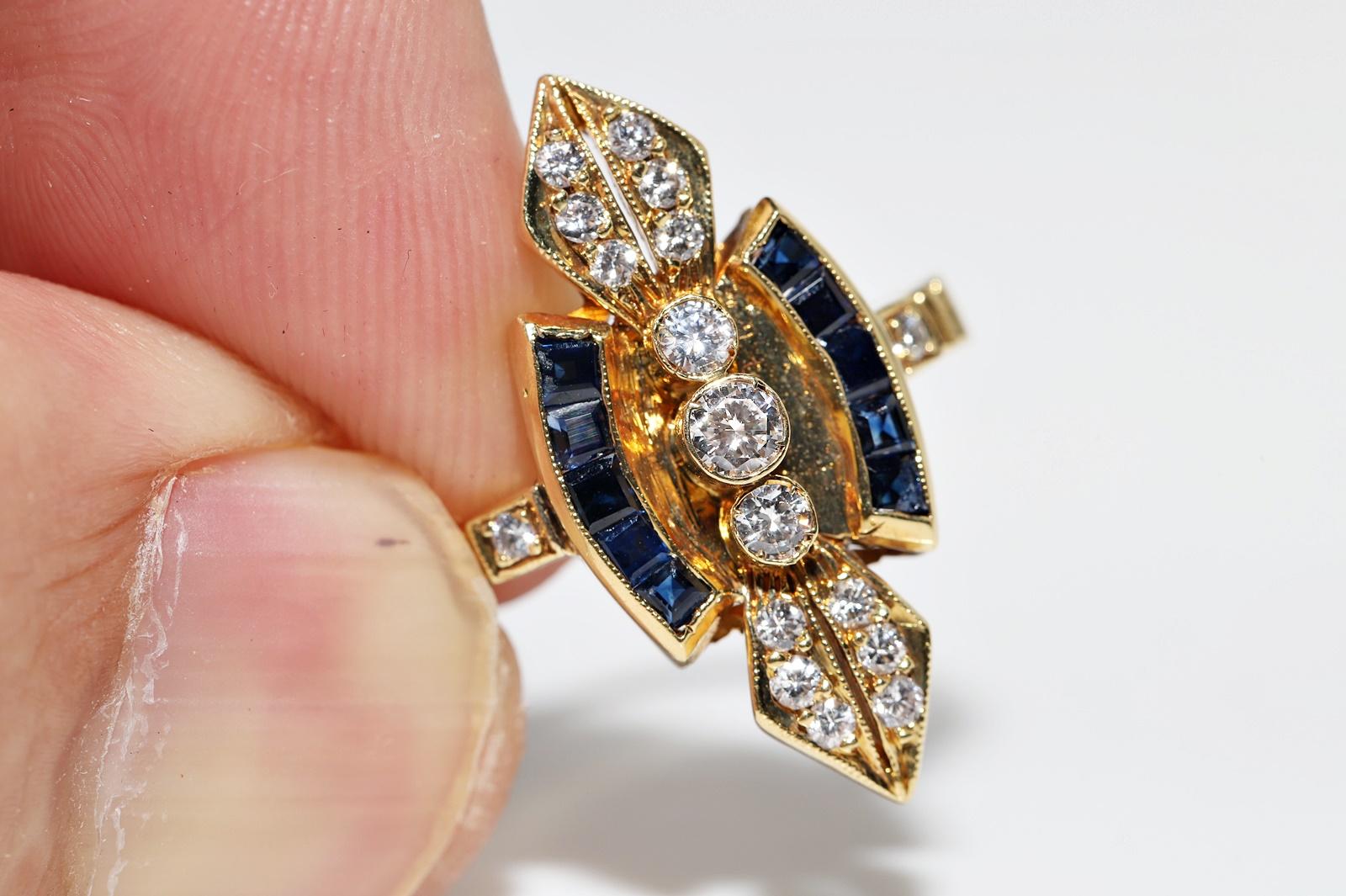 Vintage Circa 1980s 18k Gold Natural Diamond And Sapphire Navette Ring For Sale 1