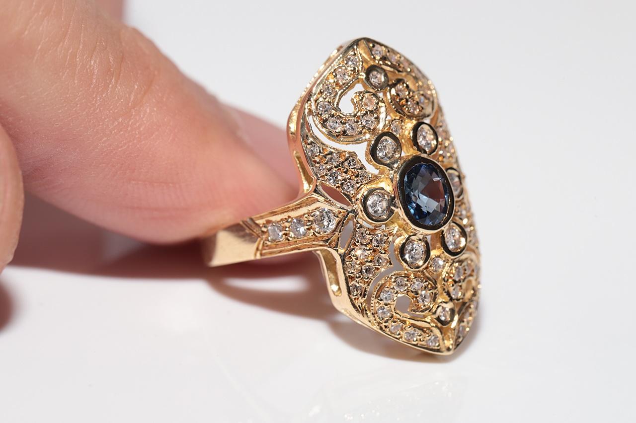 Anello Navette con diamanti naturali e zaffiri in oro 18 carati, vintage, circa anni '80 in vendita 1