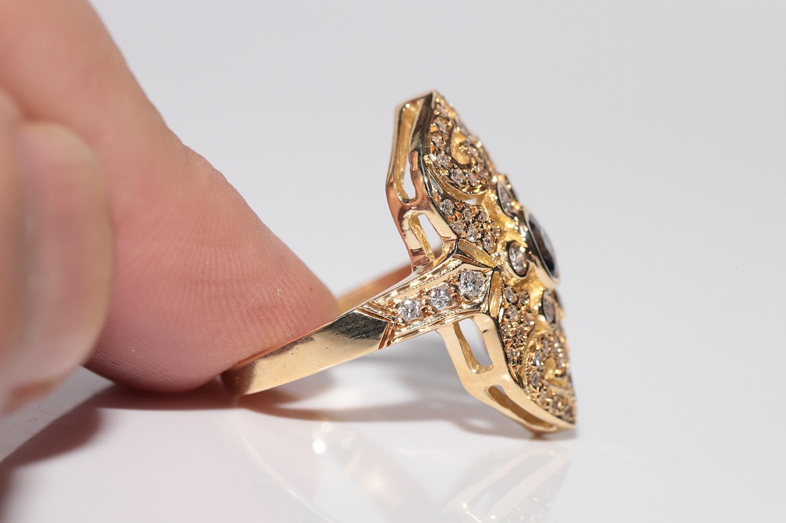 Anello Navette con diamanti naturali e zaffiri in oro 18 carati, vintage, circa anni '80 in vendita 2