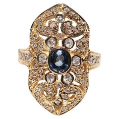 Bague navette vintage des années 1980 en or 18 carats avec diamants naturels et saphirs