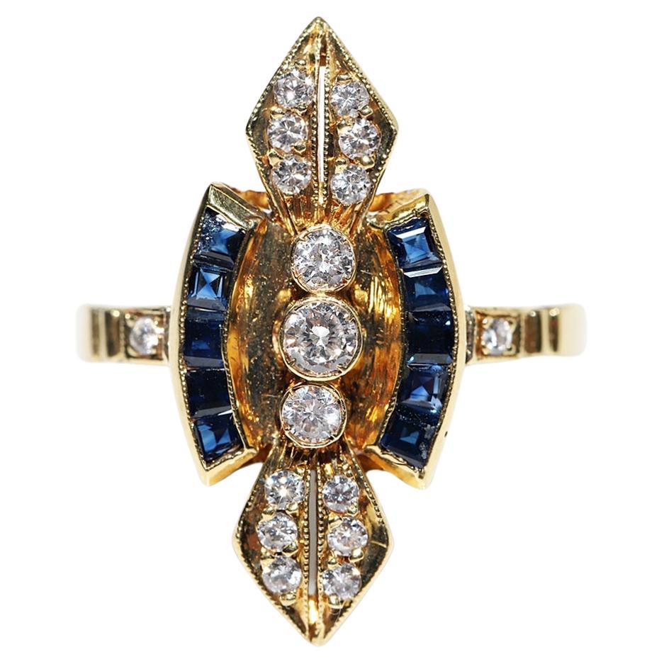 Vintage Circa 1980s 18k Gold Natural Diamond And Sapphire Navette Ring For Sale