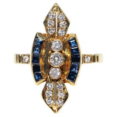 Retro Circa 1980s 18k Gold Natural Diamond And Sapphire Navette Ring