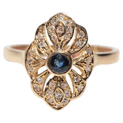 Vintage Circa 1980s 18k Gold Natural Diamond And Sapphire Navette Ring
