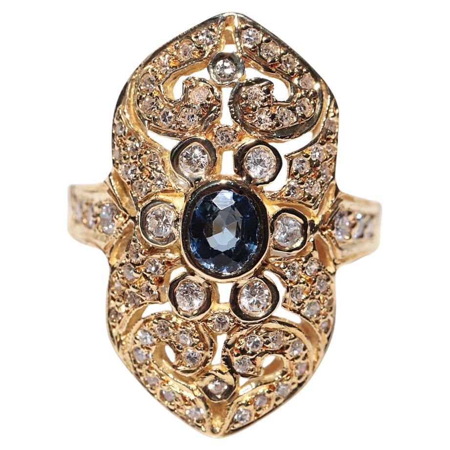 Vintage Circa 1980s 18k Gold Natural Diamond And Sapphire Navette Ring