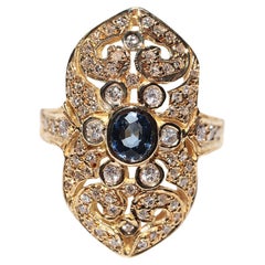 Vintage Circa 1980s 18k Gold Natural Diamond And Sapphire Navette Ring