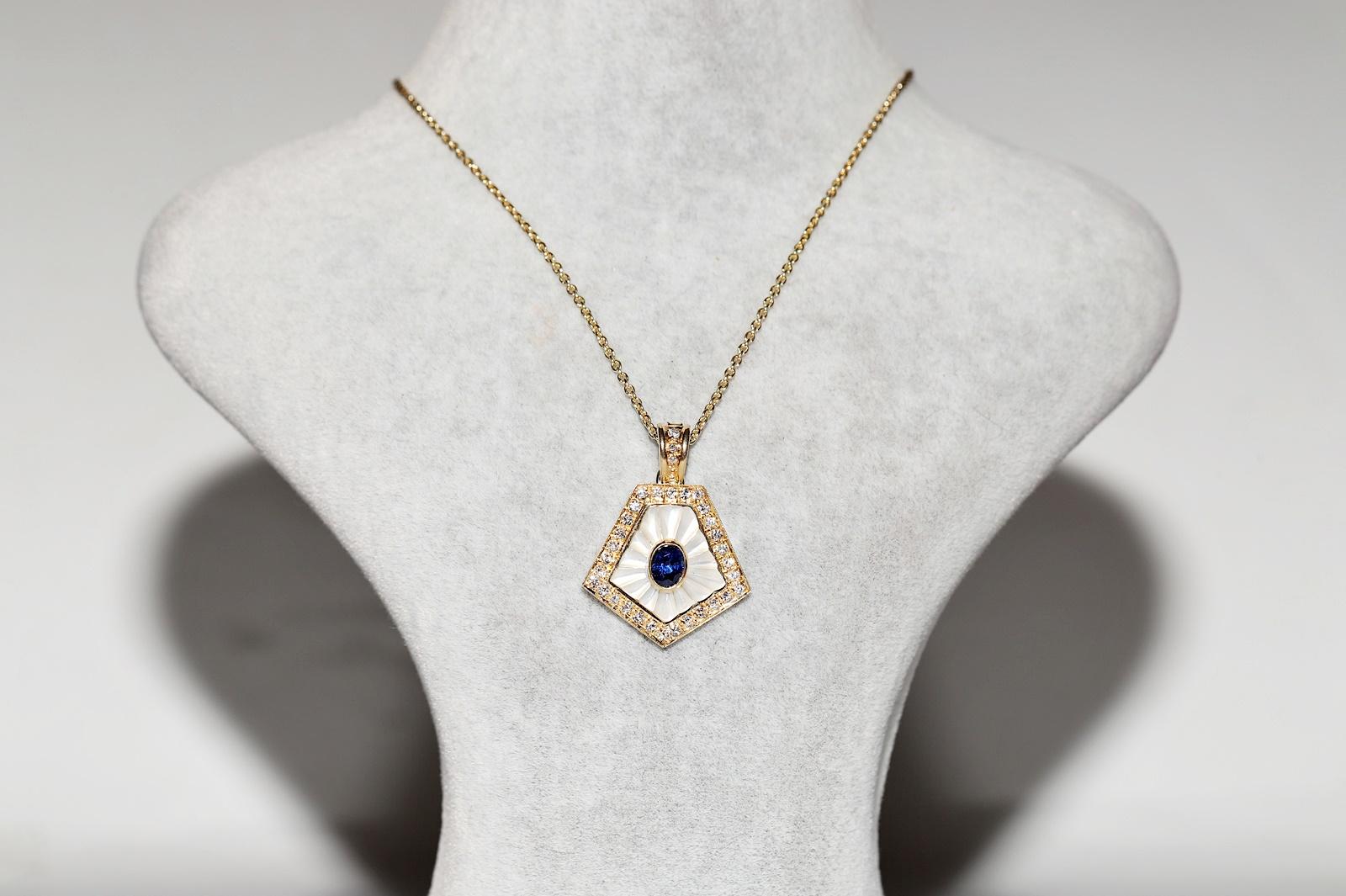 In very good condition.
Total weight is 8.6 grams.
Total weight is diamond 0.70 ct.
The diamond is has F-G color and vvs-vs clarity.
Totally is sapphire 0.55 ct.
Total lenght is chain 45 cm.
Please contact for any questions.