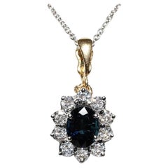 Vintage Circa 1980s 18k Gold Natural Diamond And Sapphire  Pendant Necklace