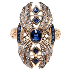 Bague vintage des années 1980 en or 18 carats avec diamants naturels et saphirs