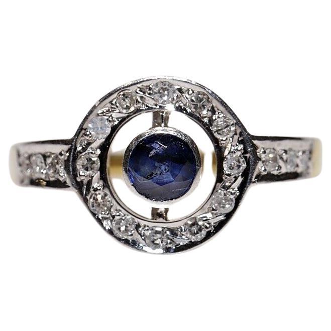 Anello in oro 18k con diamanti naturali e zaffiri rotondi, vintage, circa anni '80