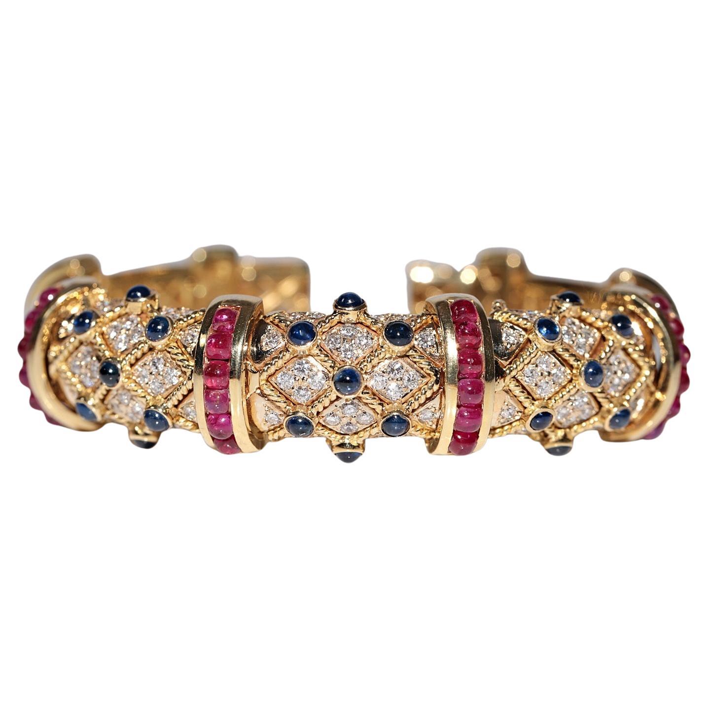 Vintage Circa 1980s 18k Gold Natural Diamond And Sapphire Ruby Bangle Bracelet