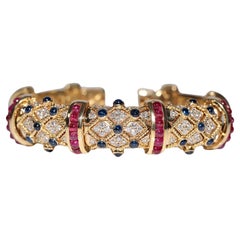 Vintage Circa 1980s 18k Gold Natural Diamond And Sapphire Ruby Bangle Bracelet