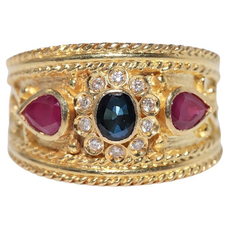 Anello decorato in oro 18k con diamanti naturali e zaffiri, vintage, anni '80 circa