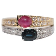 Vintage Circa 1980s 18k Gold Natural Diamond And Sapphire Ruby Decorated Ring