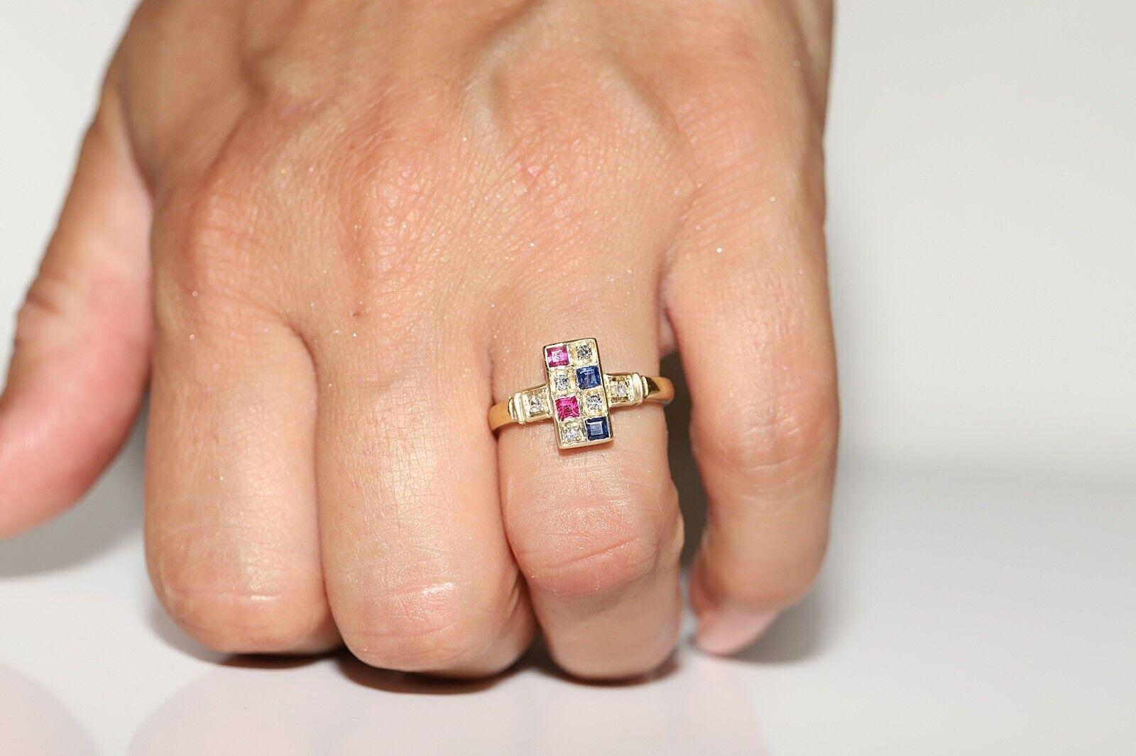 Anello quadrato in oro 18k con diamante naturale e zaffiro e rubino, vintage, anni '80 circa in vendita 5