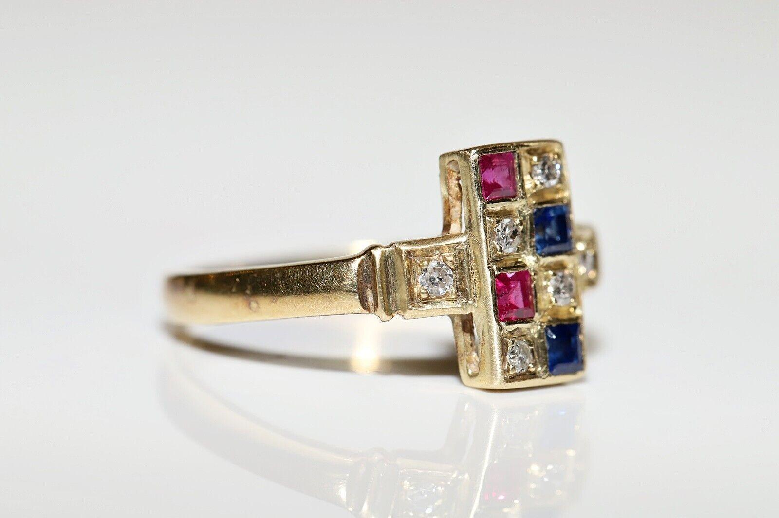 Rétro Anello quadrato in oro 18k con diamante naturale e zaffiro e rubino, vintage, anni '80 circa in vendita