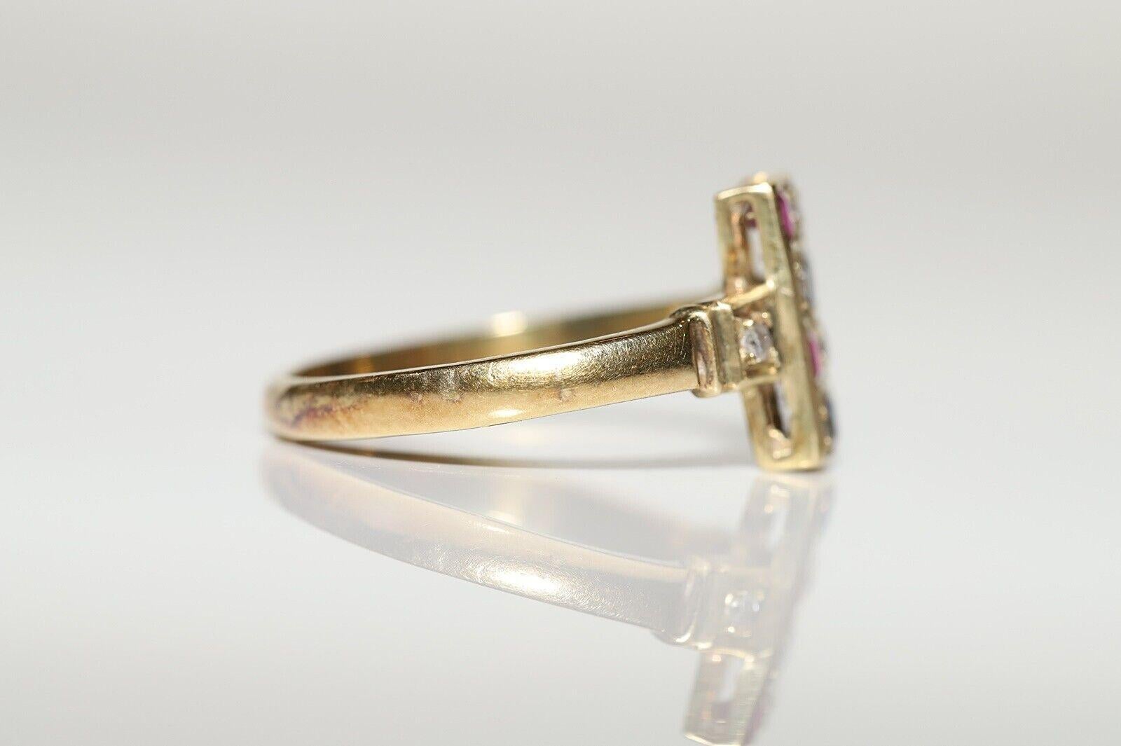 Taglio brillante Anello quadrato in oro 18k con diamante naturale e zaffiro e rubino, vintage, anni '80 circa in vendita