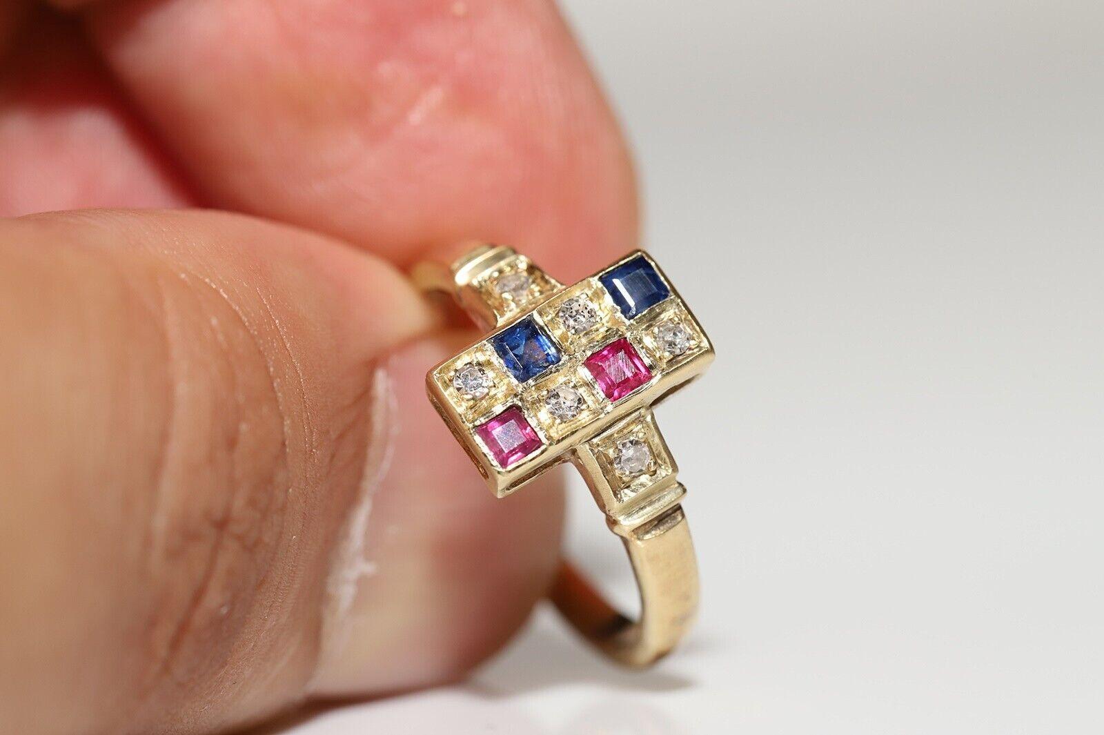 Anello quadrato in oro 18k con diamante naturale e zaffiro e rubino, vintage, anni '80 circa In condizioni buone in vendita a Fatih/İstanbul, 34