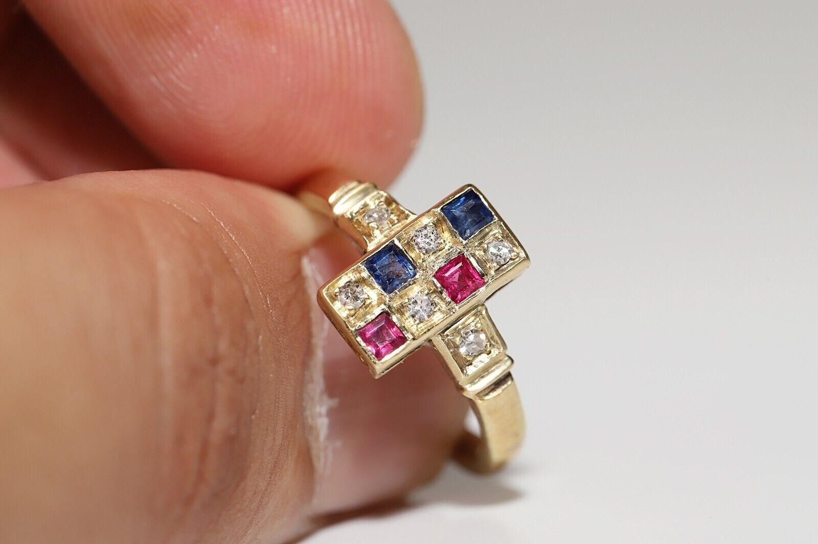 Anello quadrato in oro 18k con diamante naturale e zaffiro e rubino, vintage, anni '80 circa in vendita 2