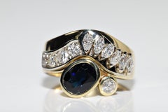Vintage Circa 1980s 18k Gold Natural Diamond And Sapphire Strong Tank Ring