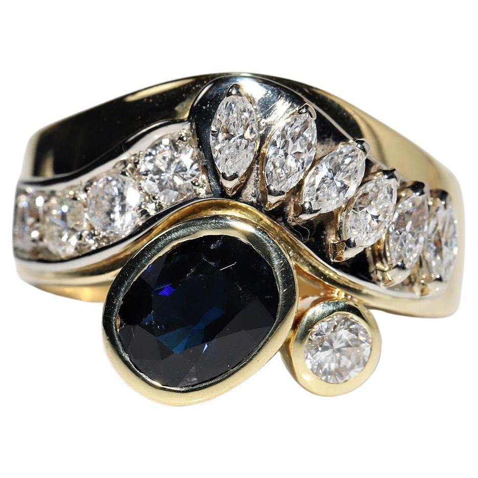 Vintage Circa 1980s 18k Gold Natural Diamond And Sapphire Strong Tank Ring For Sale