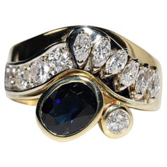 Vintage Circa 1980s 18k Gold Natural Diamond And Sapphire Strong Tank Ring