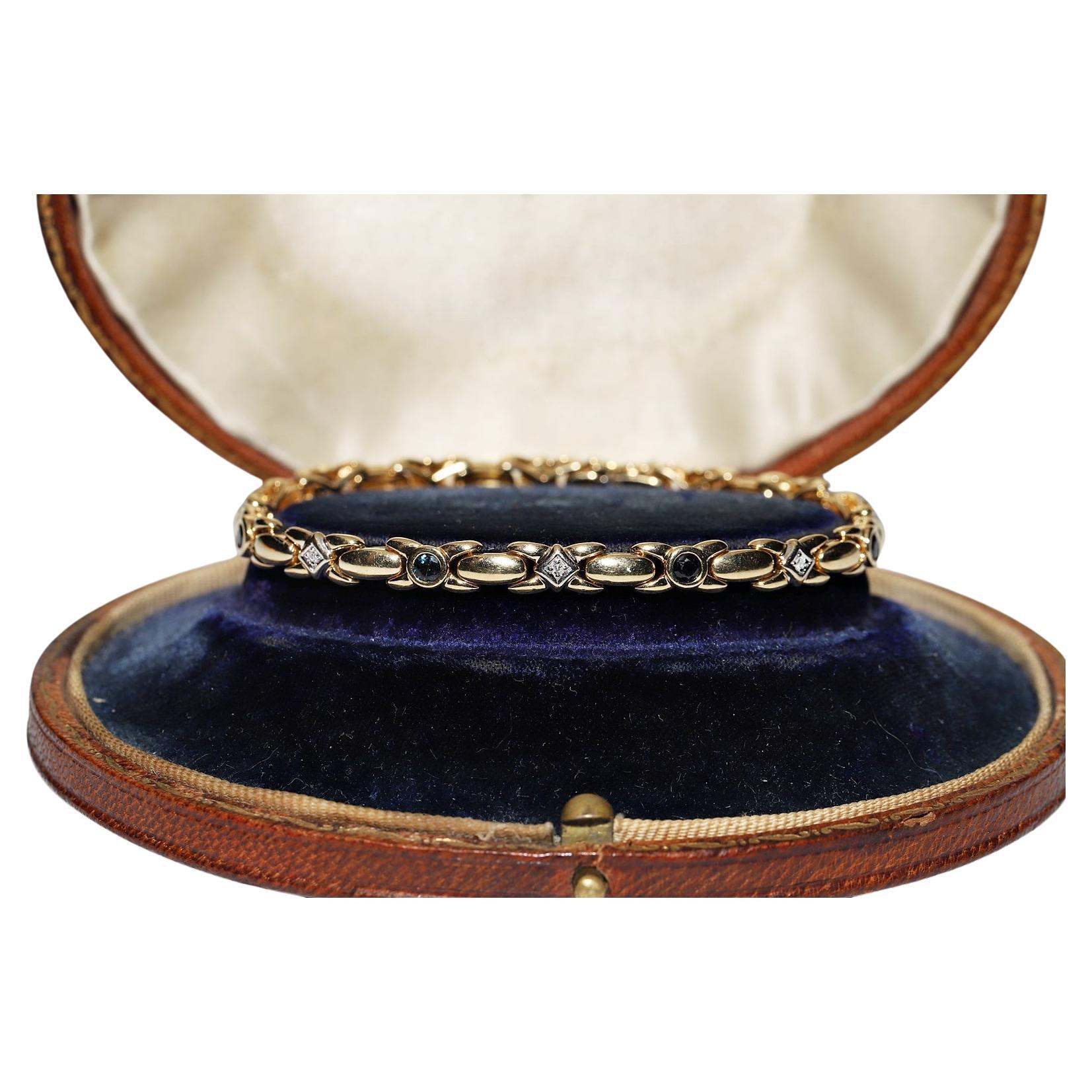 Vintage Circa 1980s 18k Gold Natural Diamond And Sapphire Tennis Bracelet For Sale